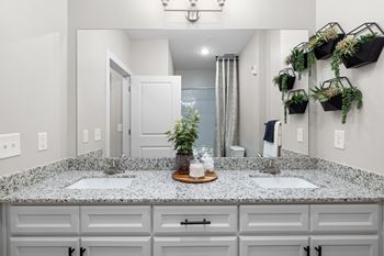 A bathroom with a granite countertop and a plant on the wall.at Century Grove Park, Knightdale, NC 27545